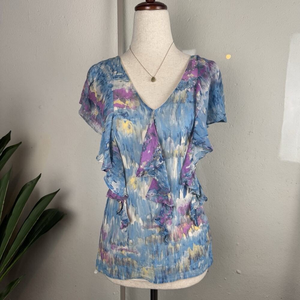 Banana Republic Top Womens XS Bright Watercolor Ruffle Silk Flowy Boho Fairy Y2K